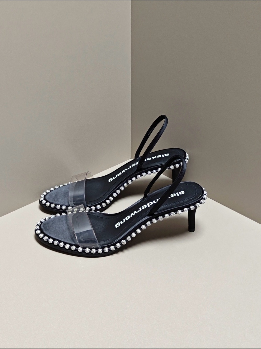 Alexander Wang Black Slingback Heels with Clear Toe Strap and Crystal Trim